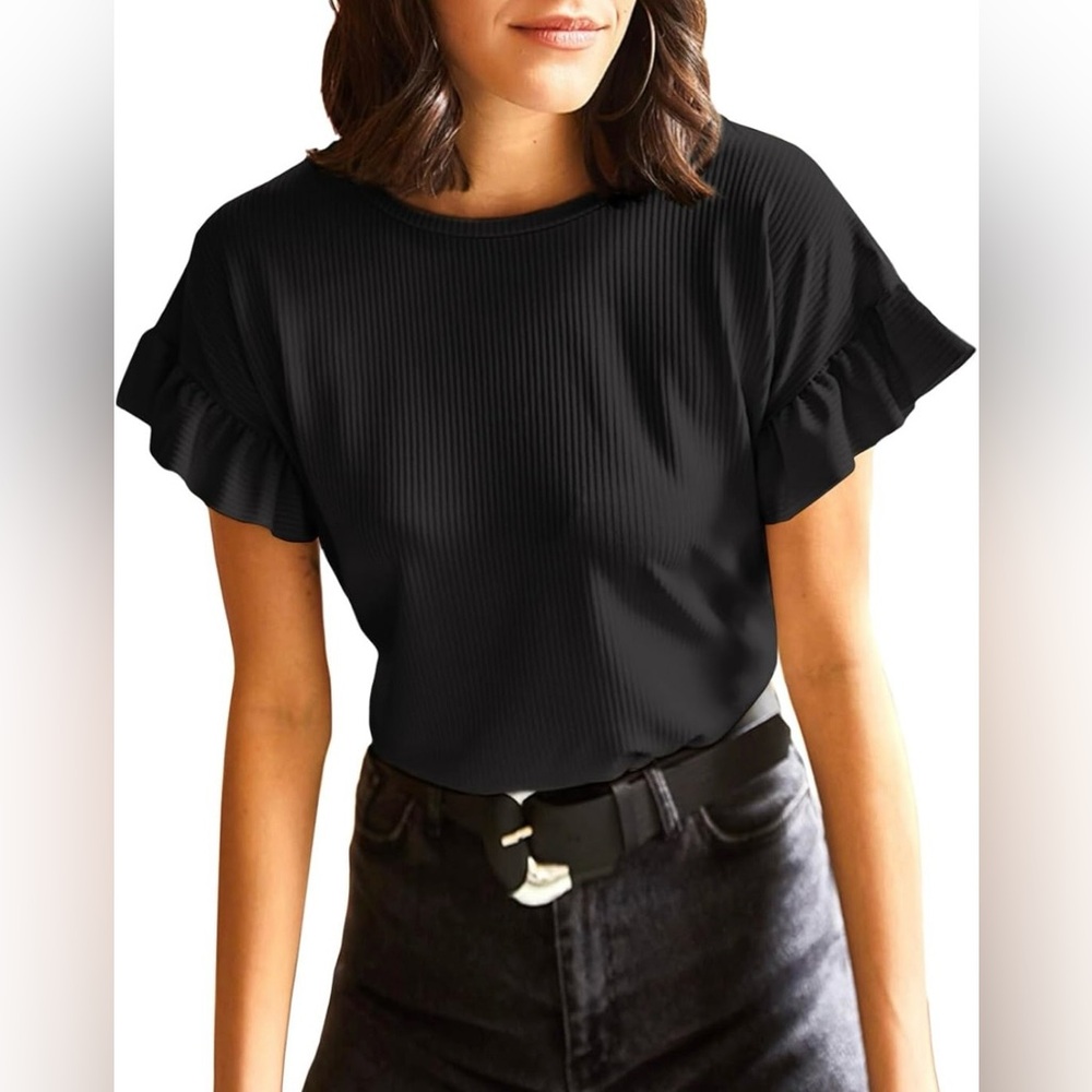 Women’s Black Crewneck Ruffle Short Sleeve Blouse - Medium